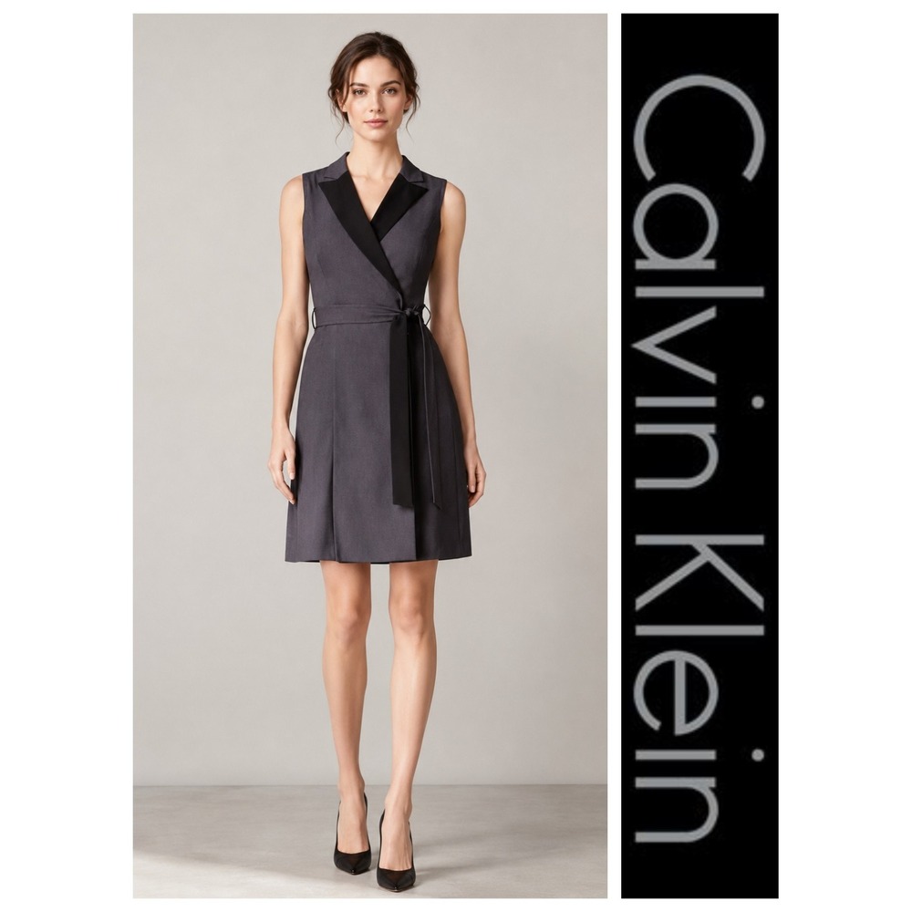 Calvin Klein Gray Black Career Capsule Minimalist Sleeveless Wrap Dress Size 14